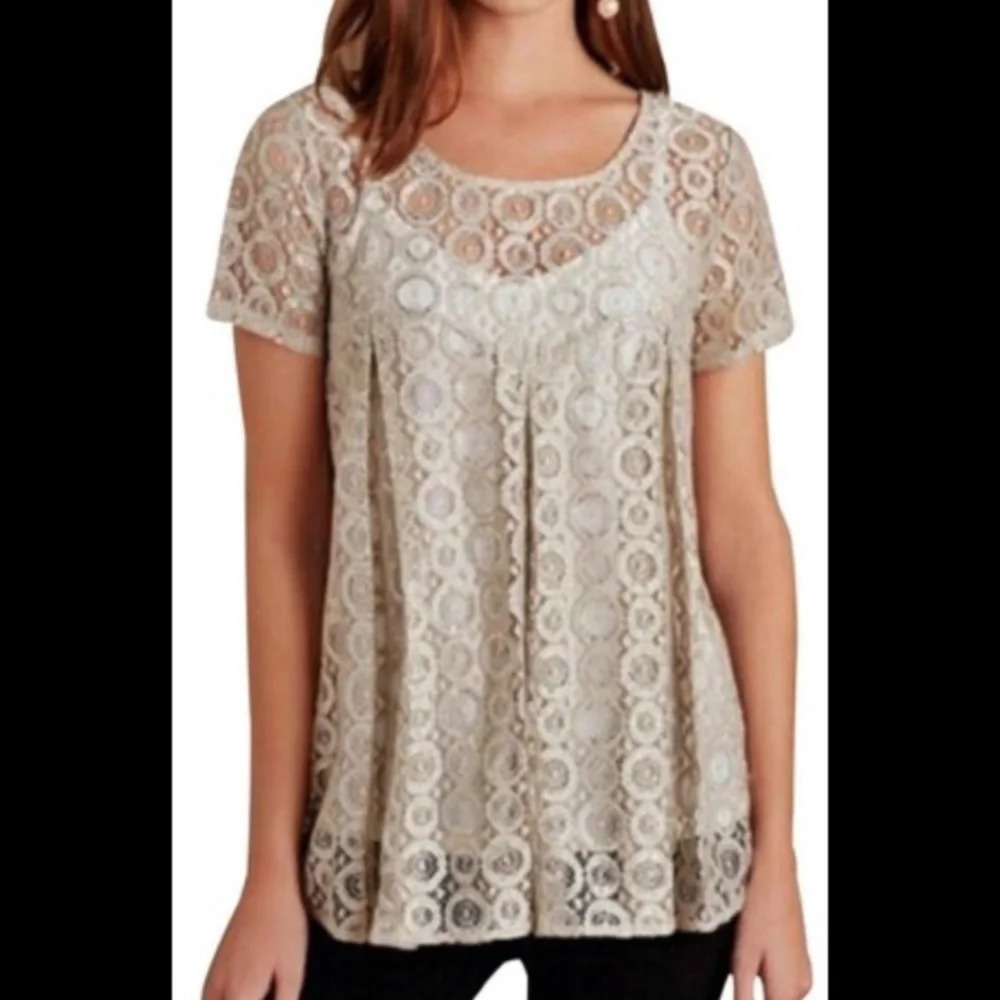 Anthropologie Akemi + Kin Metallic Silver Lace Babydoll Blouse